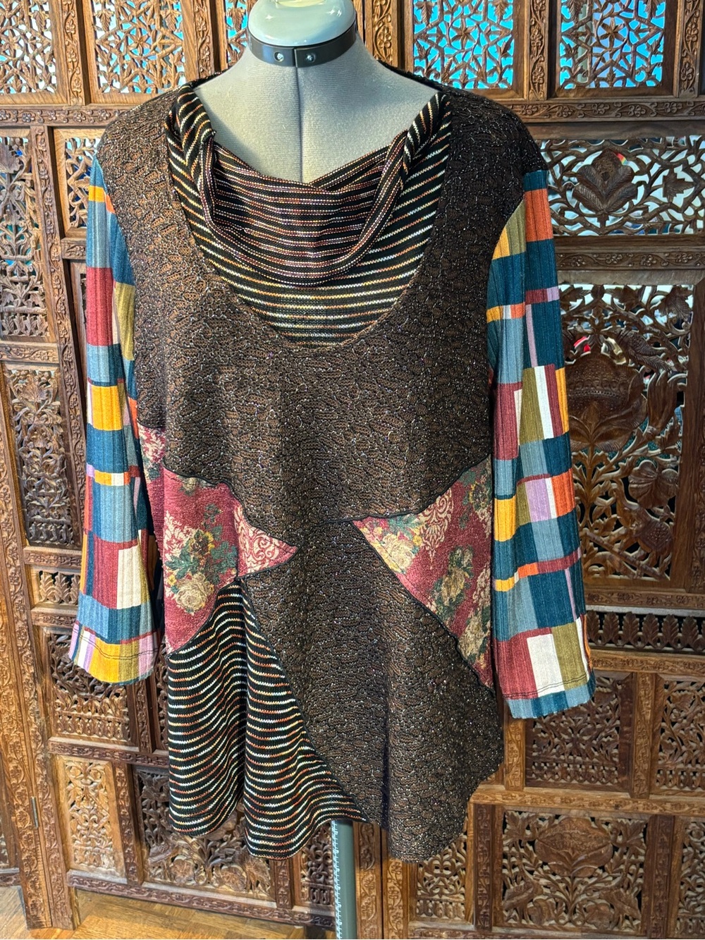 Ali Miles Brown Patchwork Sweater with Multicolor Sleeves